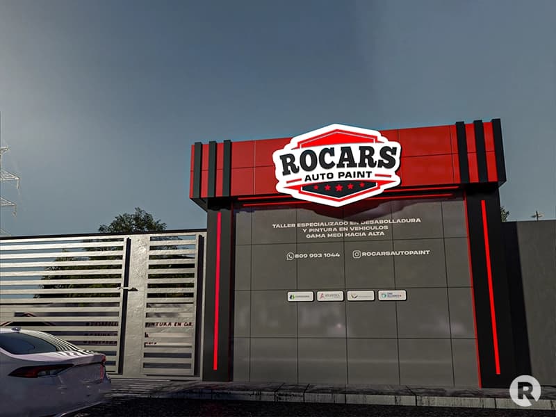 Acabado premium de fachada comercial en ACM resistente a la intemperie para potenciar la identidad visual de Rocars Auto Paint.