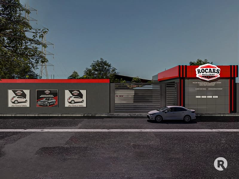 Diseño integral de nueva fachada arquitectónica en paneles ACM gris y rojo para taller automotriz en República Dominicana.