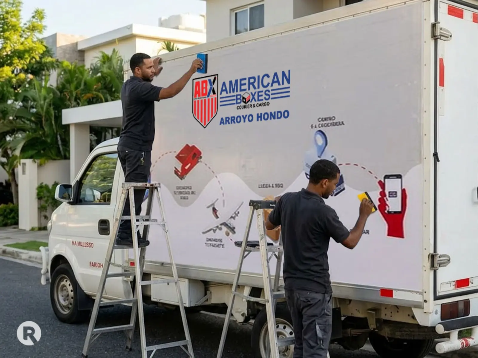 Proceso de instalación del full wrap vehicular para ABX American Boxes Courier en taller.